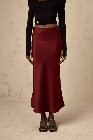 Vanessa Satin Flared Skirt — Wine Red