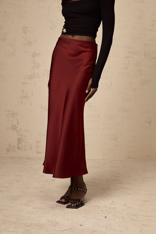 Vanessa Satin Flared Skirt — Wine Red