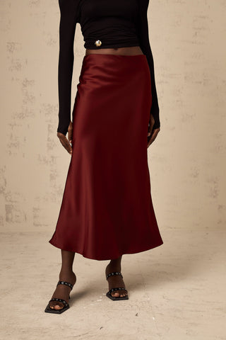 Vanessa Satin Flared Skirt — Wine Red