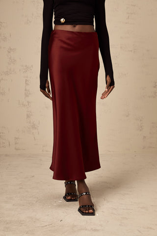 Vanessa Satin Flared Skirt — Wine Red
