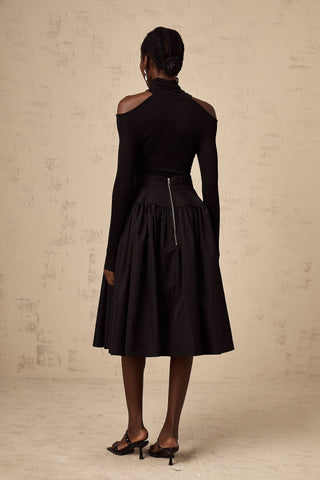 Pauline Pleated Flared Midi Skirt — Black