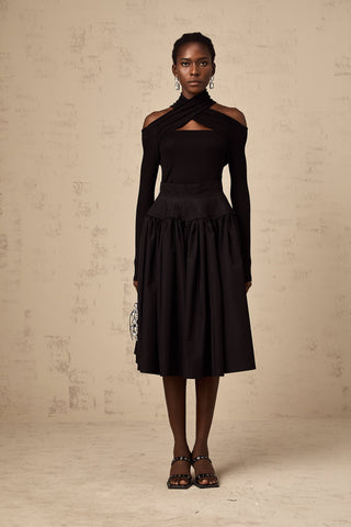 Pauline Pleated Flared Midi Skirt — Black