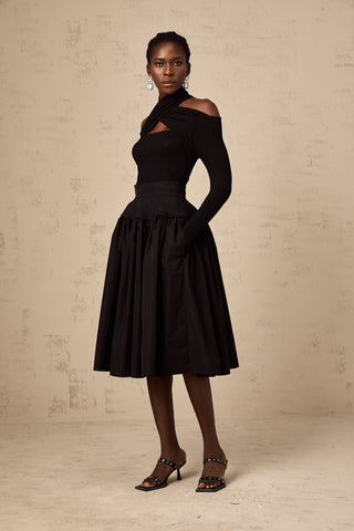 Pauline Pleated Flared Midi Skirt — Black