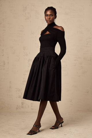 Pauline Pleated Flared Midi Skirt — Black