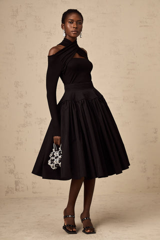 Pauline Pleated Flared Midi Skirt — Black