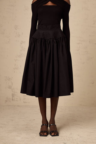 Pauline Pleated Flared Midi Skirt — Black