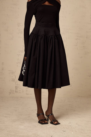 Pauline Pleated Flared Midi Skirt — Black