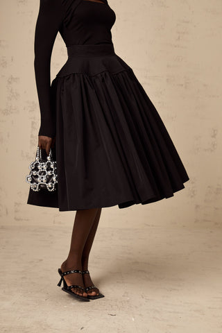Pauline Pleated Flared Midi Skirt — Black