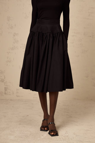 Pauline Pleated Flared Midi Skirt — Black