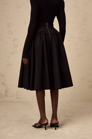 Pauline Pleated Flared Midi Skirt — Black