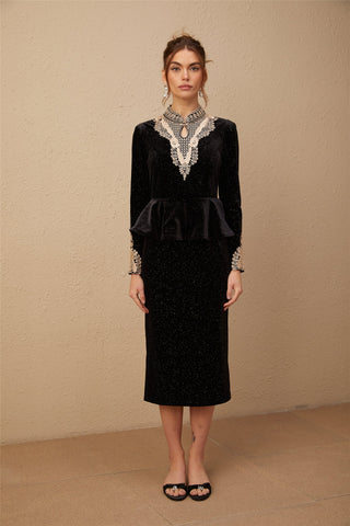 Roxane Sequined Velvet Midi Dress — Black & Gold
