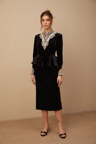 Roxane Sequined Velvet Midi Dress — Black & Gold