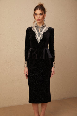 Roxane Sequined Velvet Midi Dress — Black & Gold