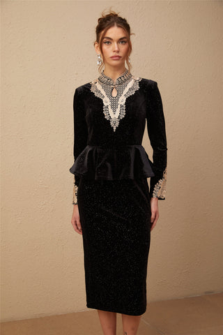 Roxane Sequined Velvet Midi Dress — Black & Gold