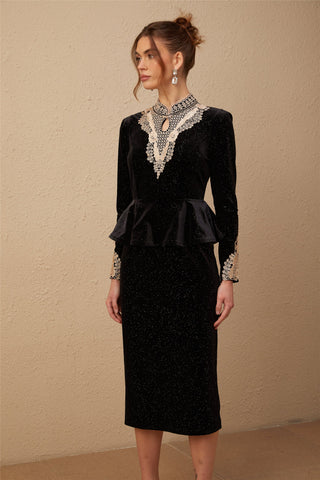 Roxane Sequined Velvet Midi Dress — Black & Gold