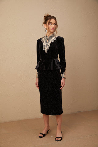 Roxane Sequined Velvet Midi Dress — Black & Gold