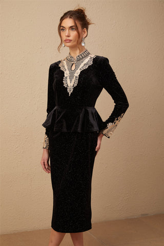 Roxane Sequined Velvet Midi Dress — Black & Gold