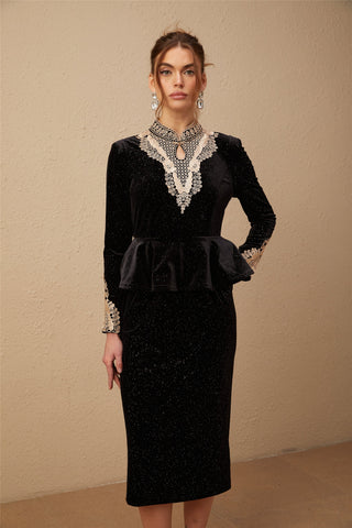 Roxane Sequined Velvet Midi Dress — Black & Gold