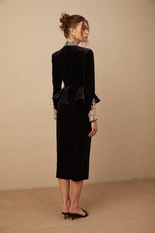 Roxane Sequined Velvet Midi Dress — Black & Gold