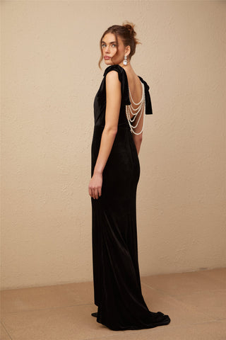 Audrey Velvet Open-Back Maxi Dress — Black