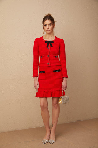 Cynthia Waffle-Knit Jacket and Skirt Set — Red & Black