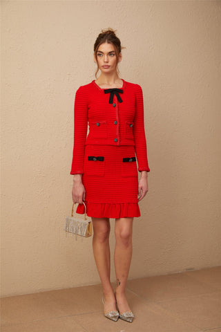 Cynthia Waffle-Knit Jacket and Skirt Set — Red & Black