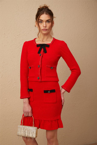 Cynthia Waffle-Knit Jacket and Skirt Set — Red & Black