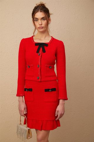 Cynthia Waffle-Knit Jacket and Skirt Set — Red & Black
