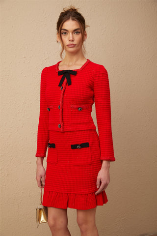 Cynthia Waffle-Knit Jacket and Skirt Set — Red & Black