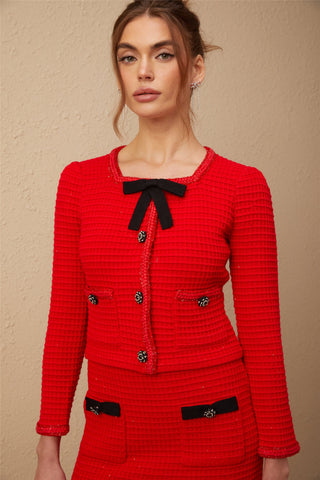 Cynthia Waffle-Knit Jacket and Skirt Set — Red & Black