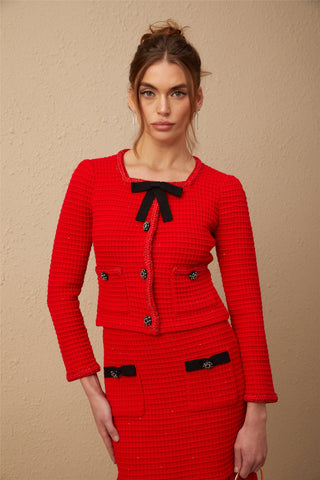 Cynthia Waffle-Knit Jacket and Skirt Set — Red & Black