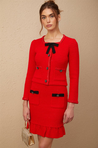 Cynthia Waffle-Knit Jacket and Skirt Set — Red & Black
