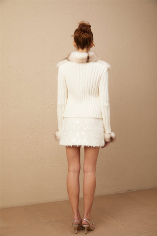 Laetiecia Ribbed-Knit Faux-Fur Jacket — White & Brown