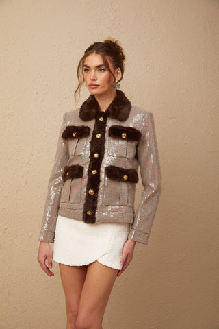 Renée Houndstooth Faux-Fur Coat — Brown