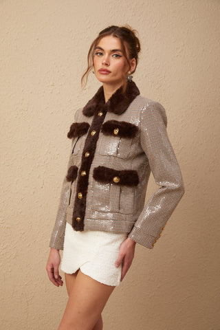 Renée Houndstooth Faux-Fur Coat — Brown