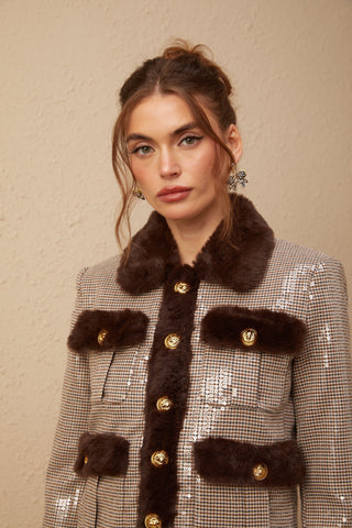 Renée Houndstooth Faux-Fur Coat — Brown