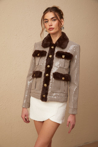 Renée Houndstooth Faux-Fur Coat — Brown