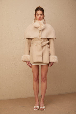 Rosella Faux-Fur Coat with Detachable Cape — Neutral