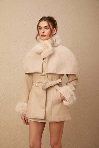 Rosella Faux-Fur Coat with Detachable Cape — Neutral