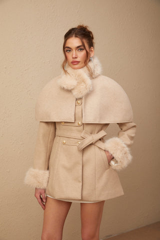 Rosella Faux-Fur Coat with Detachable Cape — Neutral