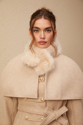 Rosella Faux-Fur Coat with Detachable Cape — Neutral