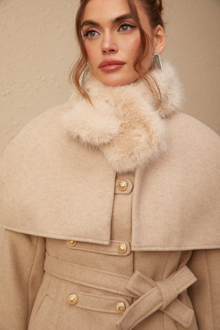 Rosella Faux-Fur Coat with Detachable Cape — Neutral