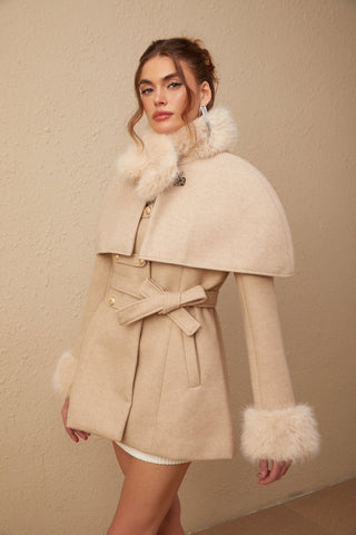 Rosella Faux-Fur Coat with Detachable Cape — Neutral