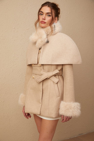Rosella Faux-Fur Coat with Detachable Cape — Neutral