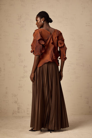 Demi Creased Top and Skirt Set — Brown