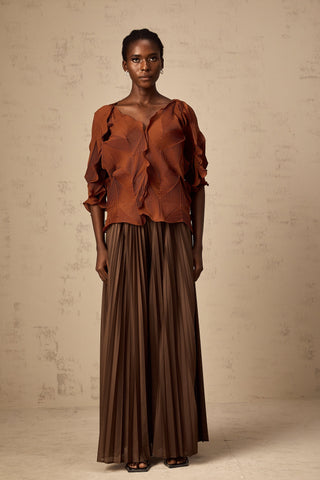 Demi Creased Top and Skirt Set — Brown