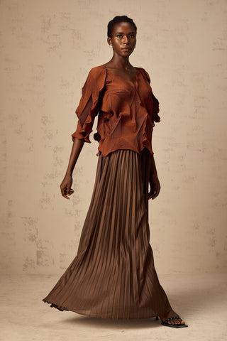 Demi Creased Top and Skirt Set — Brown