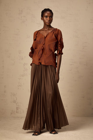 Demi Creased Top and Skirt Set — Brown