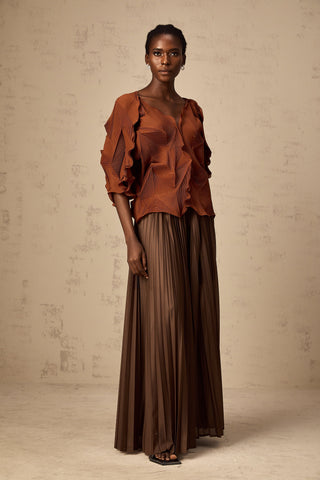 Demi Creased Top and Skirt Set — Brown