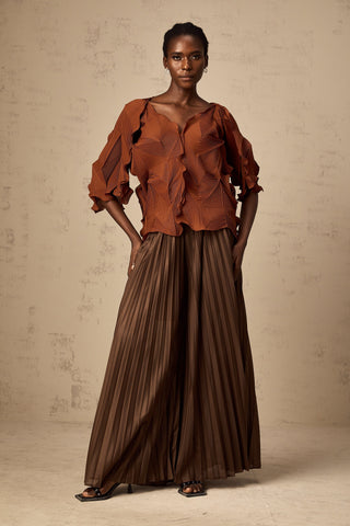 Demi Creased Top and Skirt Set — Brown